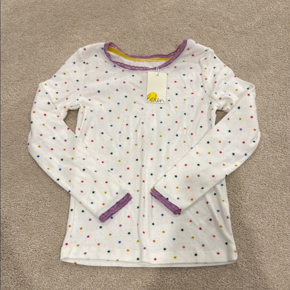 Boden Kids White Star Print Long Sleeve Pajama Top